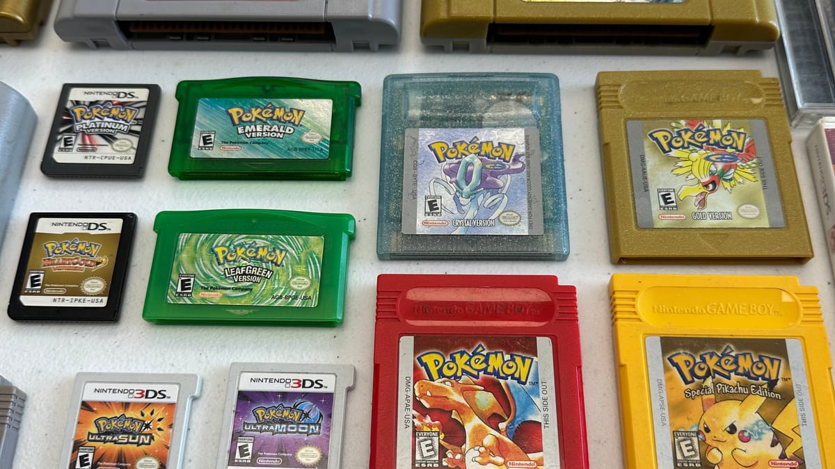 Assorted Pokemon games for Game Boy, Game Boy Color, Game Boy Advance, Nintendo DS, and Nintendo Switch